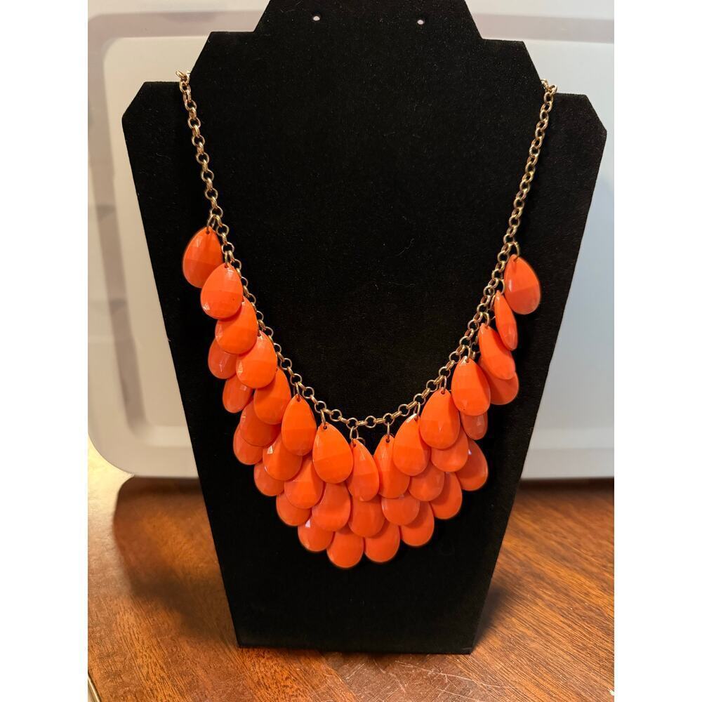 Orange Gold Statement Necklace Faceted Teardrop Bib Signed You and I